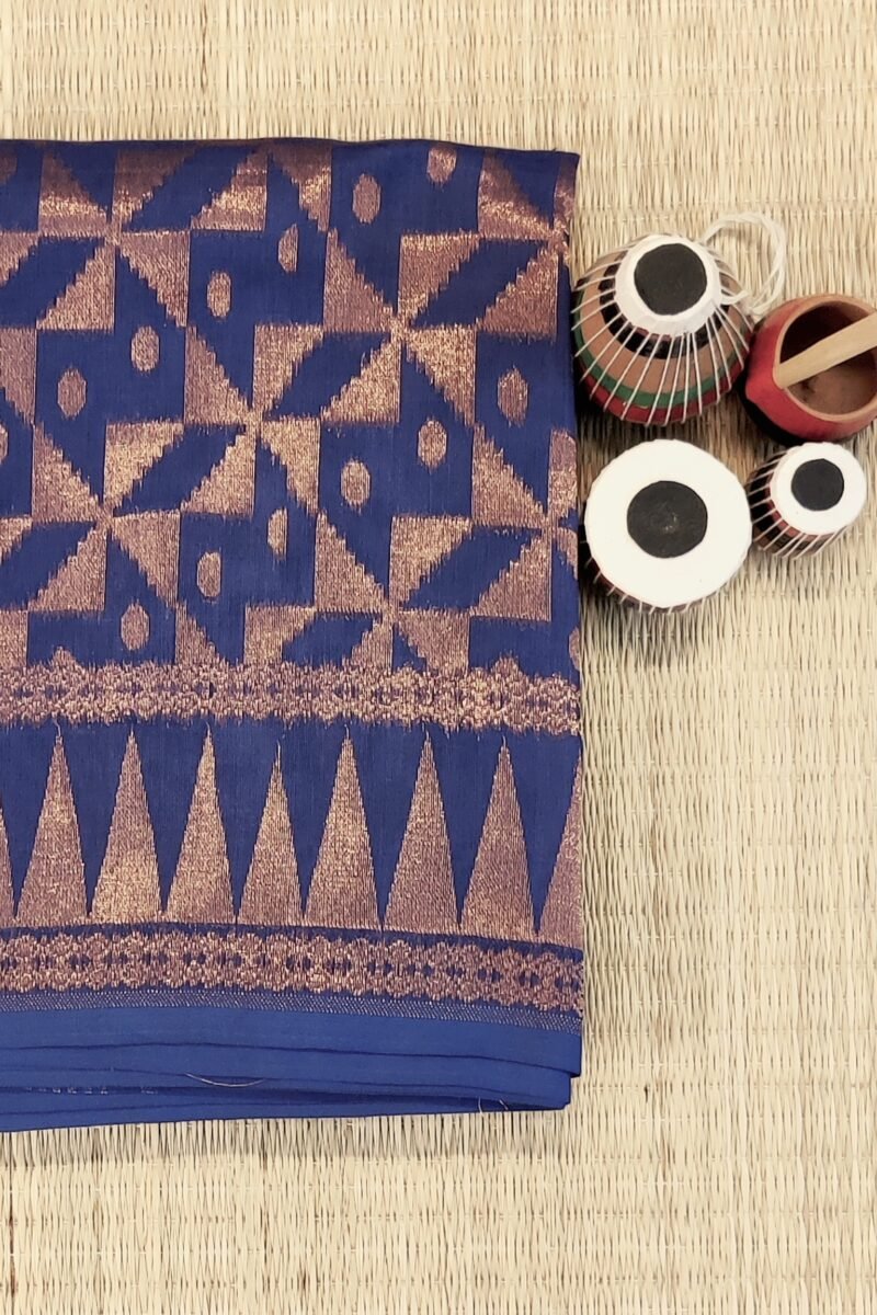 Jamdani Joy - Navy Blue and Bronze Mul Cotton Handwoven Jamdani Saree - Image 5
