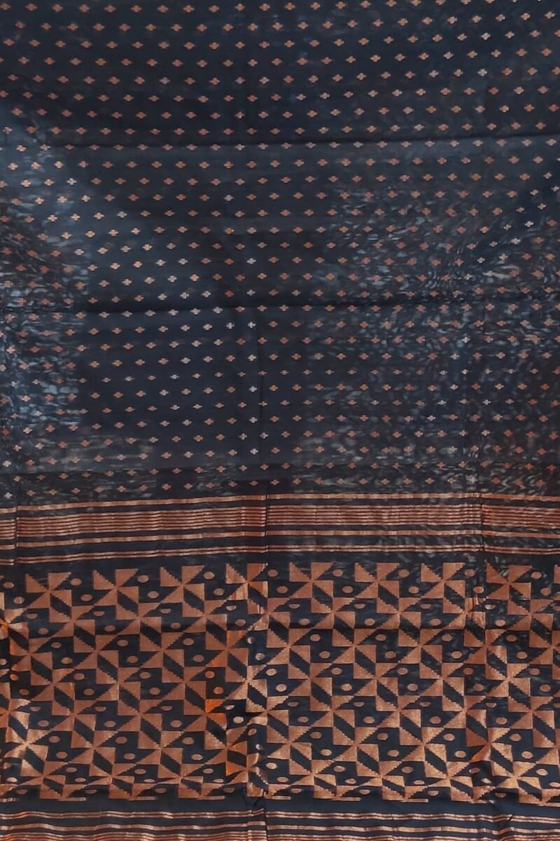 Jamdani Joy - Black and Bronze Mul Cotton Handwoven Jamdani Saree - Image 3