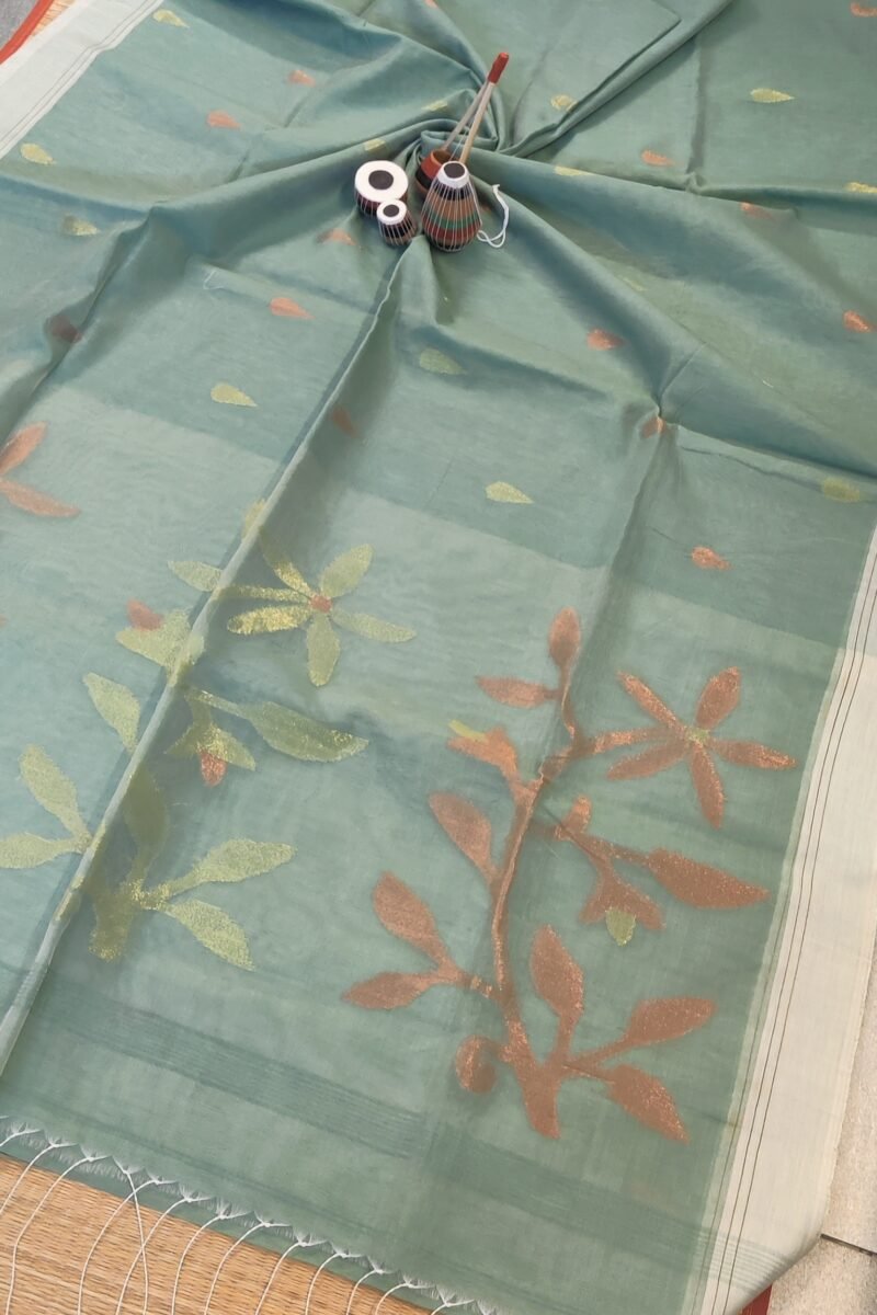 Jamdani Joy - Sage Green Pastel Mul Cotton and Silk Handwoven Jamdani Saree - Image 5