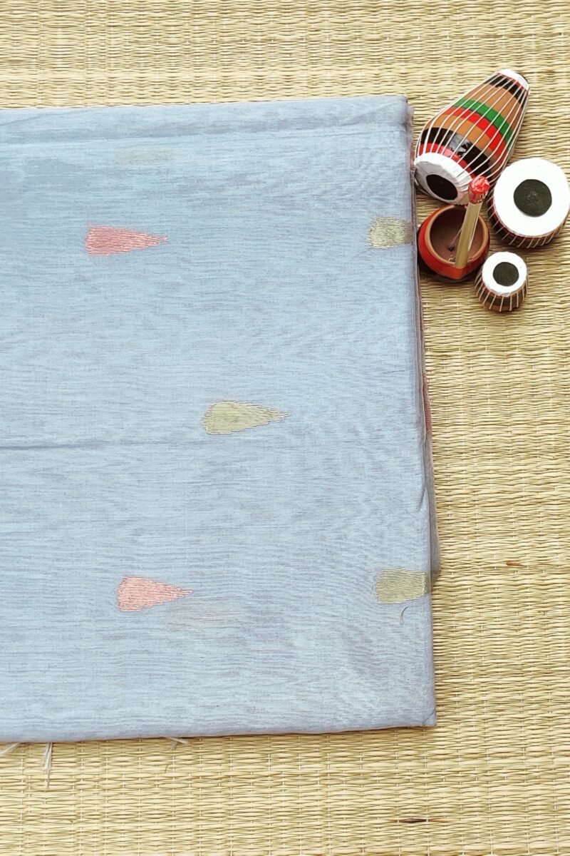 Jamdani Joy - Grey Pastel Mul Cotton and Silk Handwoven Jamdani Saree