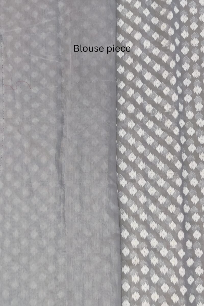 Jamdani Joy - Grey and White Cotton Handwoven Jamdani Saree - Image 7