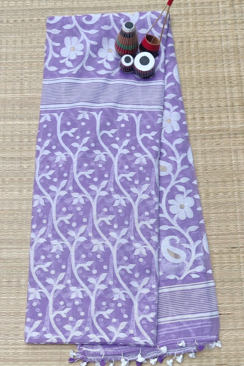 Jamdani Joy - Lilac Mul Cotton and Silk Handwoven Jamdani Saree - Image 2