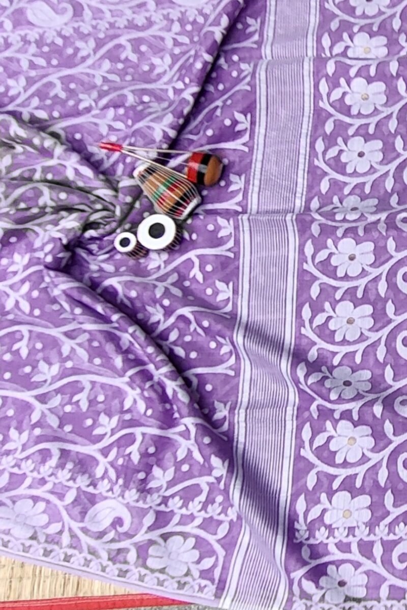 Jamdani Joy - Lilac Mul Cotton and Silk Handwoven Jamdani Saree - Image 7