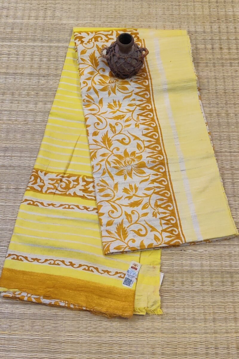 Tussar Tales - Cream and Yellow - Tussar Handblock Printed Saree