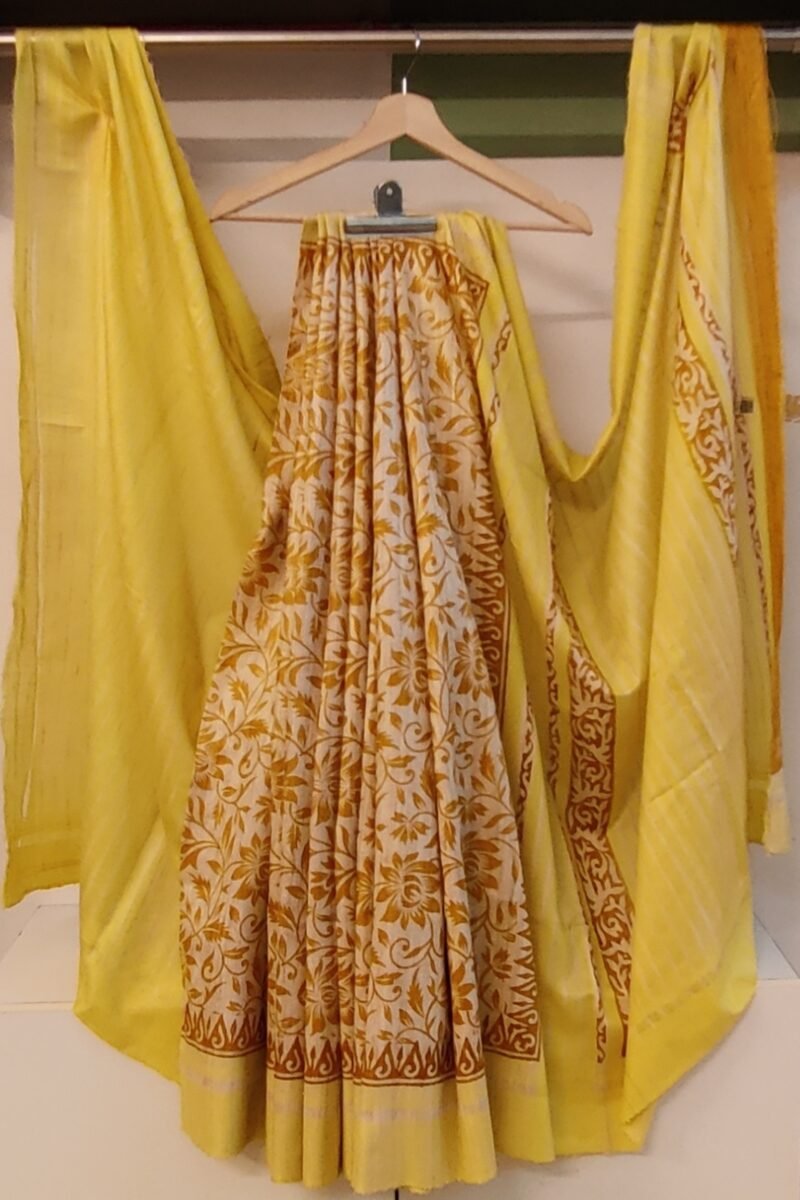 Tussar Tales - Cream and Yellow - Tussar Handblock Printed Saree - Image 3