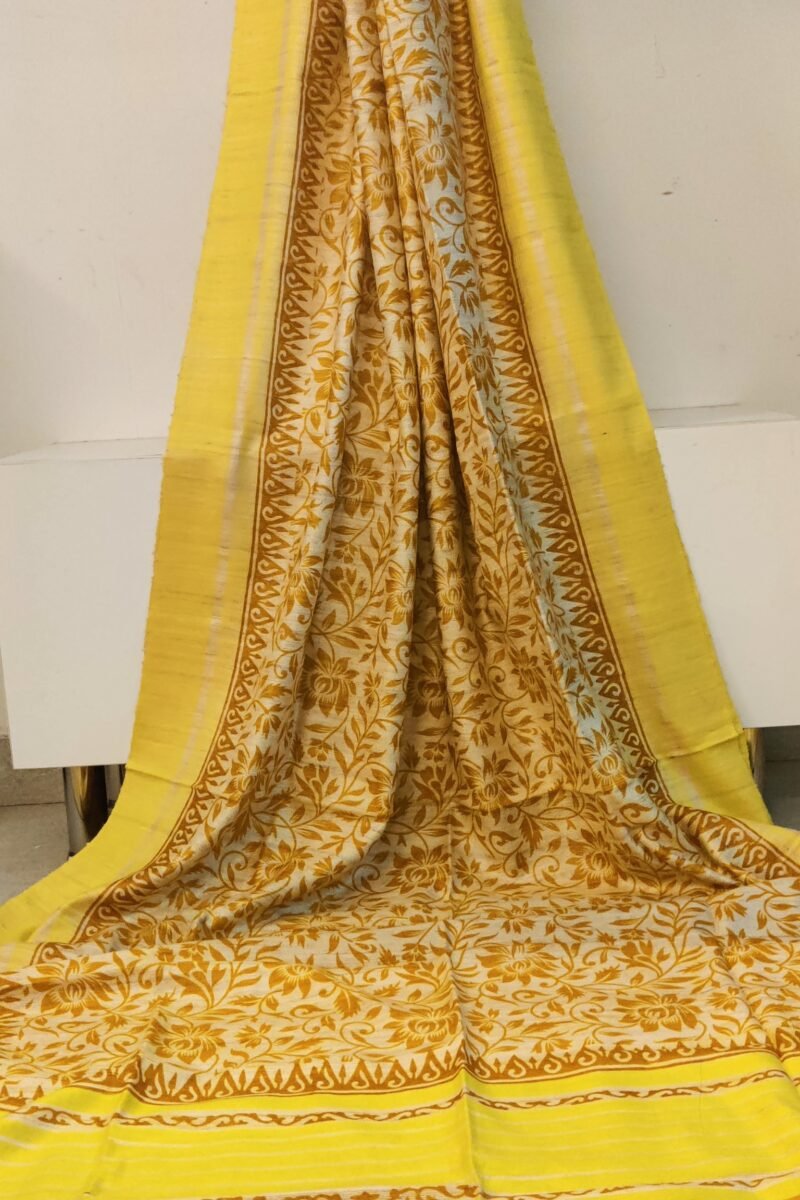 Tussar Tales - Cream and Yellow - Tussar Handblock Printed Saree - Image 4