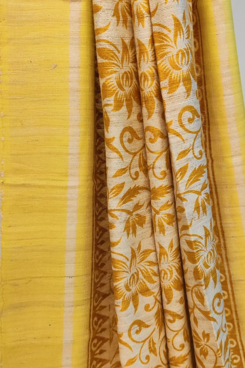 Tussar Tales - Cream and Yellow - Tussar Handblock Printed Saree - Image 6