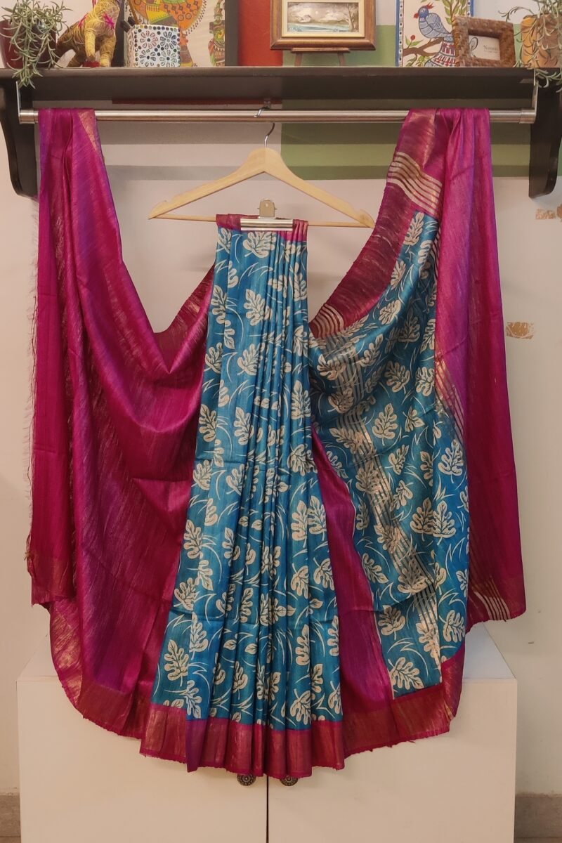 Tussar Tales - Cobalt Blue and Hot Pink - Tussar Handblock Printed Saree