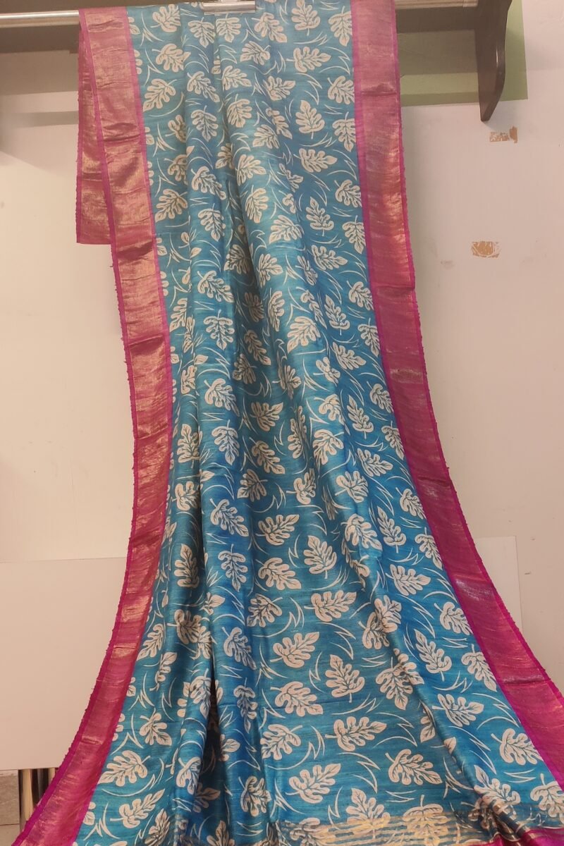 Tussar Tales - Cobalt Blue and Hot Pink - Tussar Handblock Printed Saree - Image 2