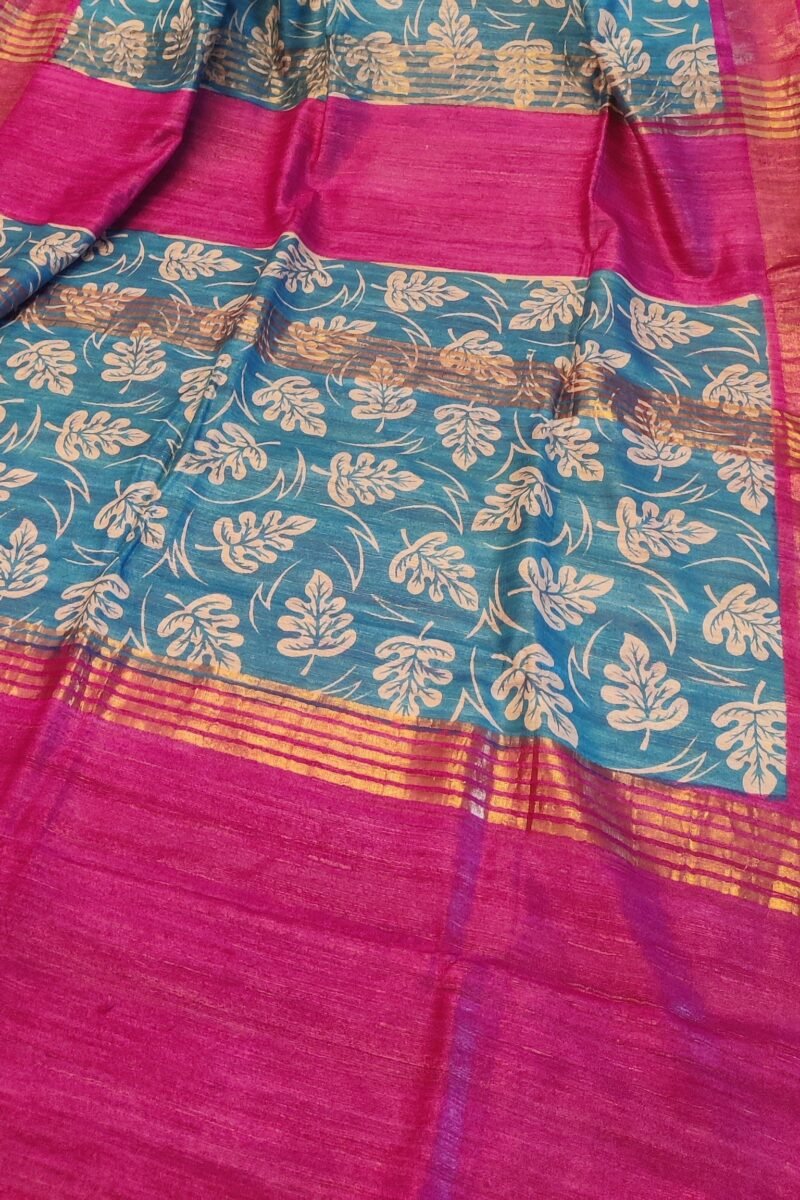 Tussar Tales - Cobalt Blue and Hot Pink - Tussar Handblock Printed Saree - Image 3