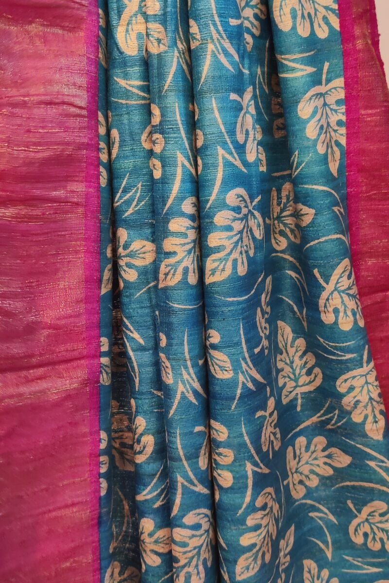 Tussar Tales - Cobalt Blue and Hot Pink - Tussar Handblock Printed Saree - Image 4