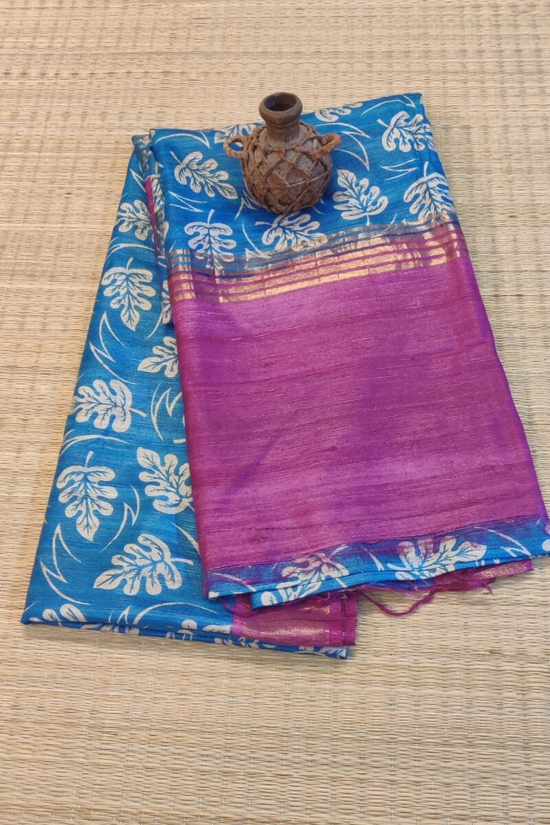 Tussar Tales - Cobalt Blue and Hot Pink - Tussar Handblock Printed Saree - Image 5