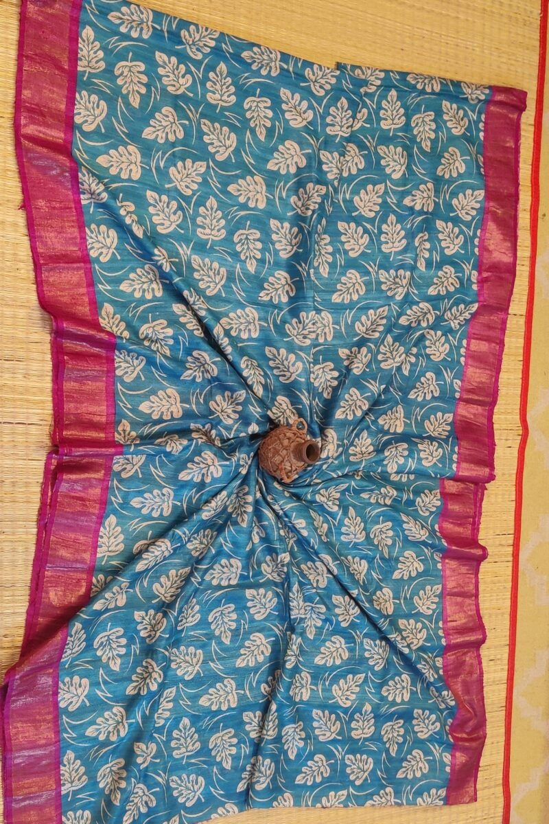 Tussar Tales - Cobalt Blue and Hot Pink - Tussar Handblock Printed Saree - Image 6