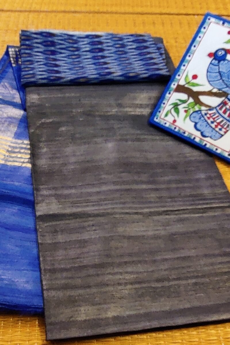 Tussar Tales - Grey and Ink Blue - Tussar Plain Saree