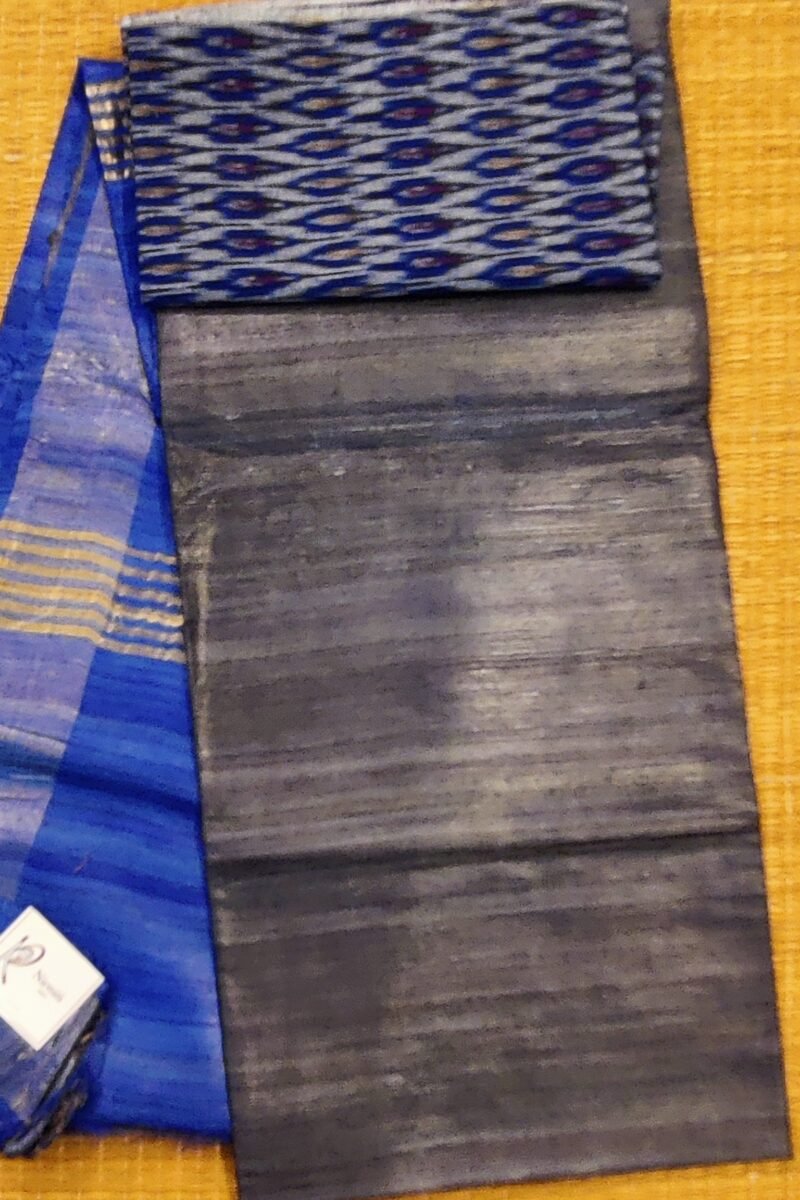 Tussar Tales - Grey and Ink Blue - Tussar Plain Saree - Image 2