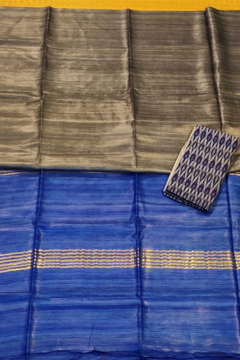 Tussar Tales - Grey and Ink Blue - Tussar Plain Saree - Image 3
