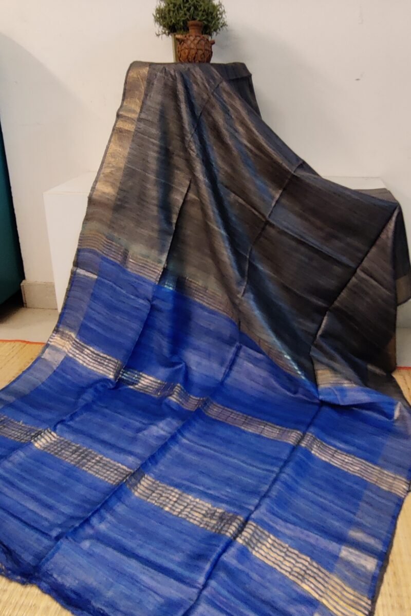 Tussar Tales - Grey and Ink Blue - Tussar Plain Saree - Image 5