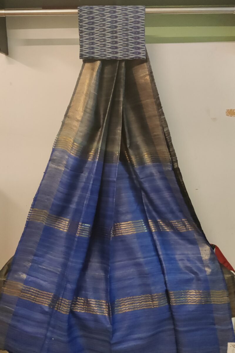 Tussar Tales - Grey and Ink Blue - Tussar Plain Saree - Image 6