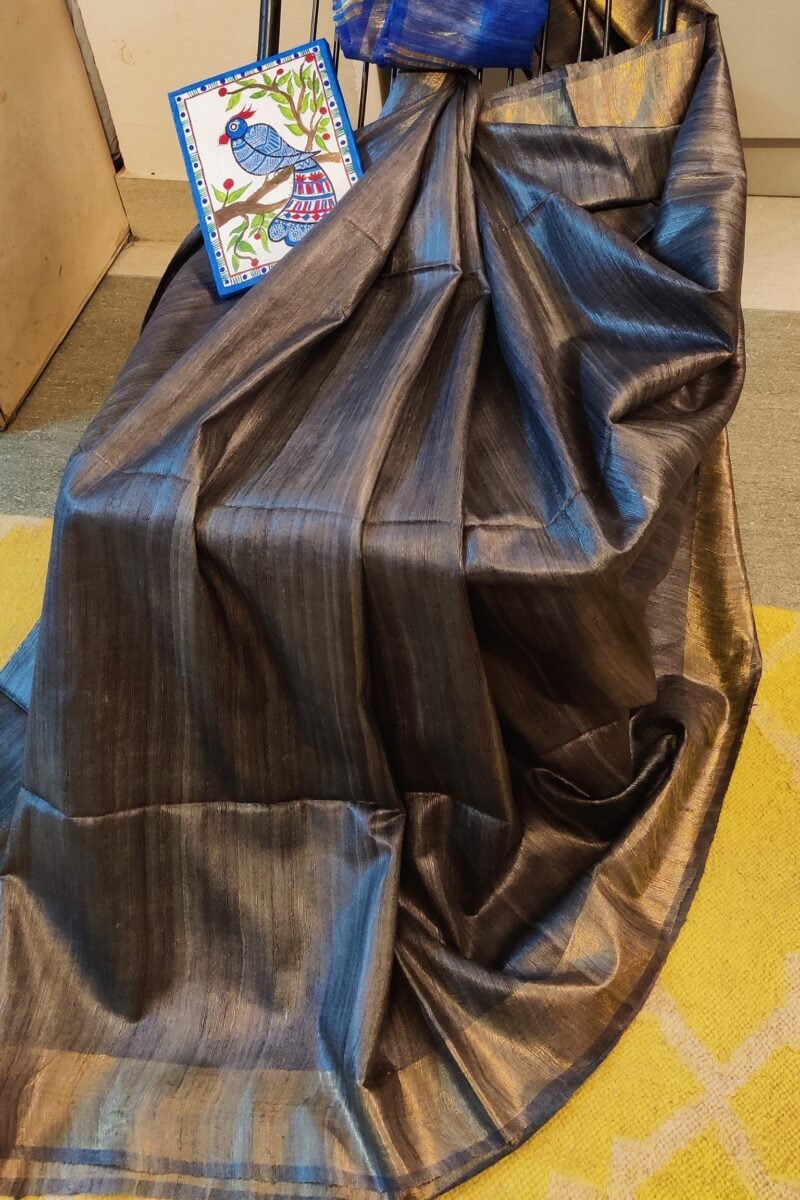 Tussar Tales - Grey and Ink Blue - Tussar Plain Saree - Image 7