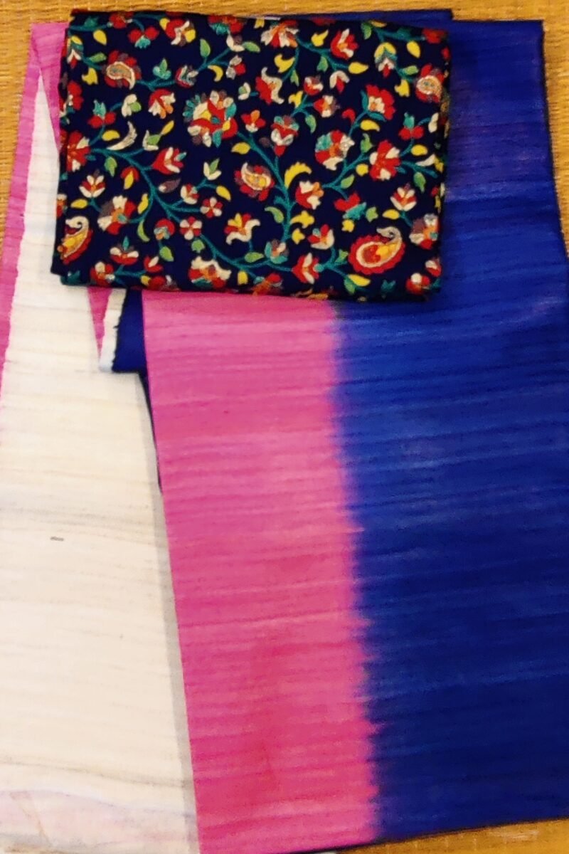 Tussar Tales - Ink Blue, Candy Pink and Cream - Tussar Plain Saree