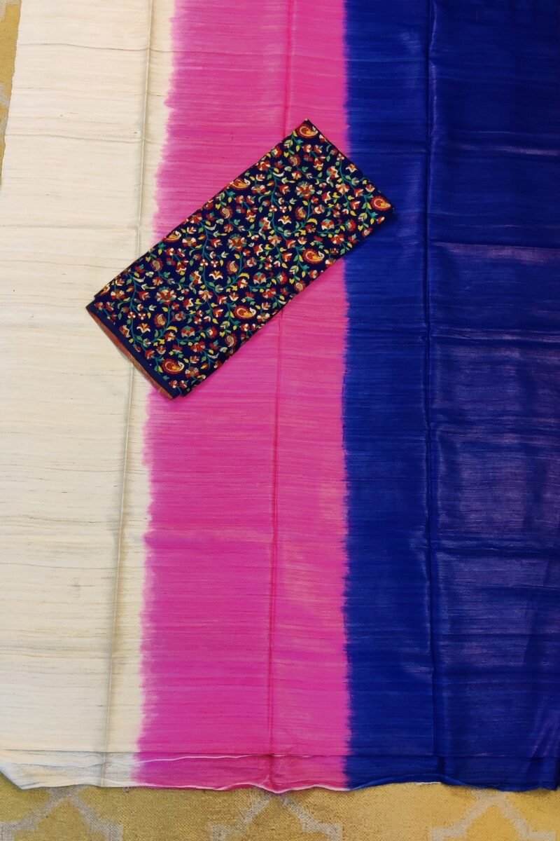 Tussar Tales - Ink Blue, Candy Pink and Cream - Tussar Plain Saree - Image 2