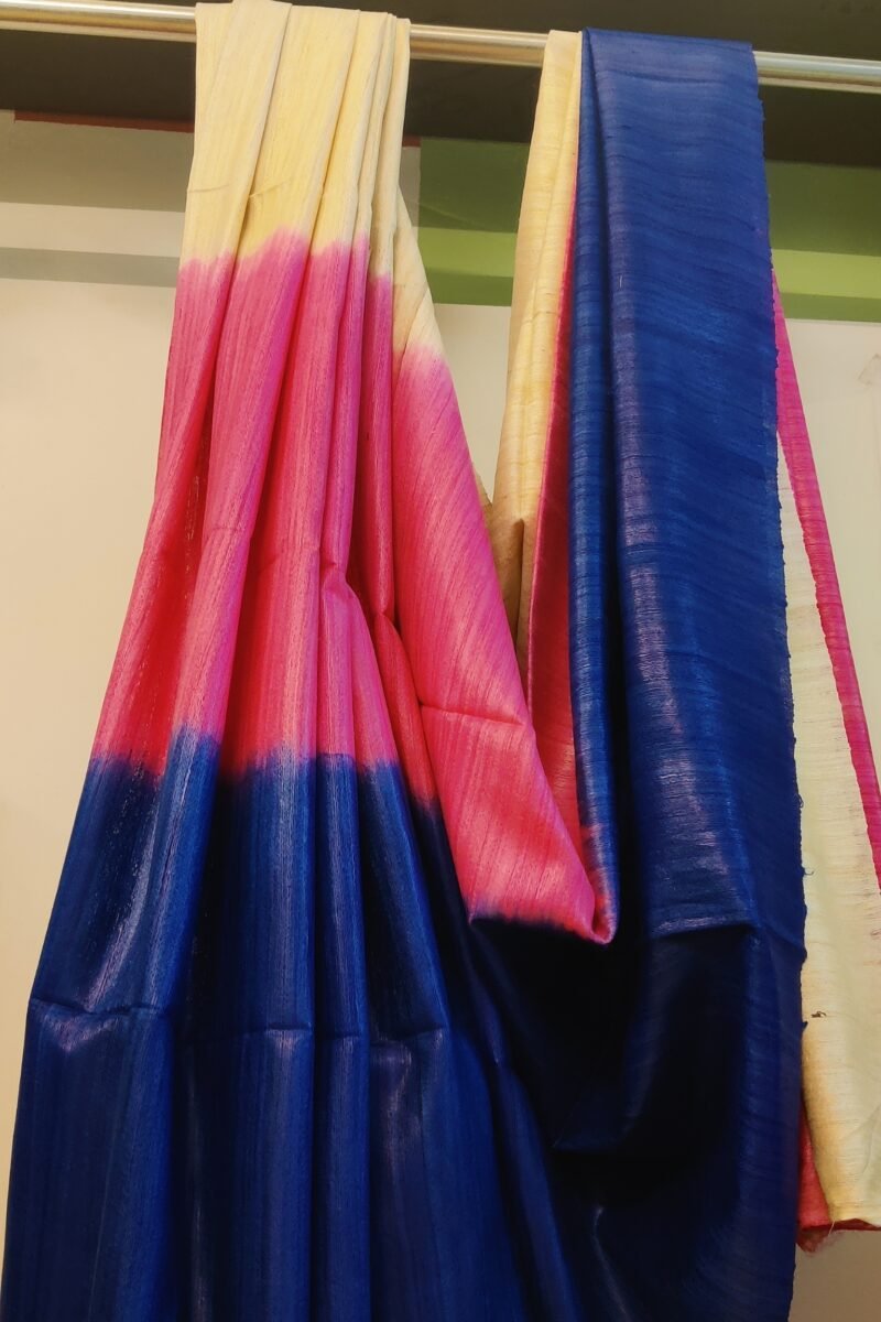 Tussar Tales - Ink Blue, Candy Pink and Cream - Tussar Plain Saree - Image 3