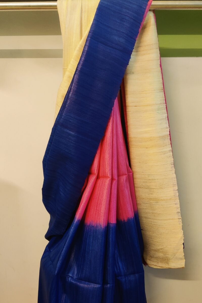 Tussar Tales - Ink Blue, Candy Pink and Cream - Tussar Plain Saree - Image 4