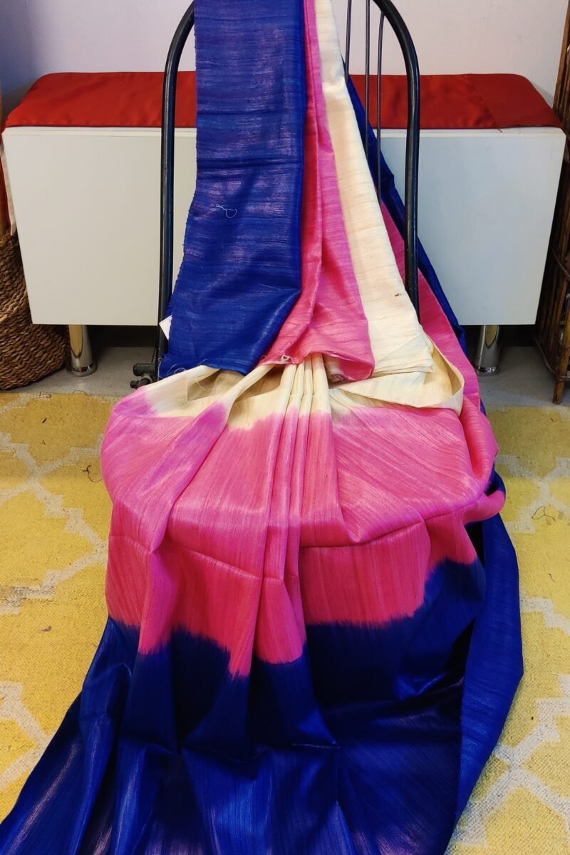Tussar Tales - Ink Blue, Candy Pink and Cream - Tussar Plain Saree - Image 5
