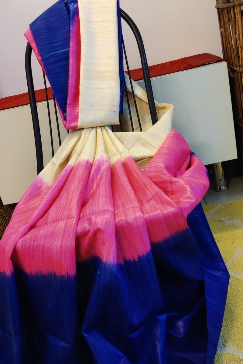 Tussar Tales - Ink Blue, Candy Pink and Cream - Tussar Plain Saree - Image 6