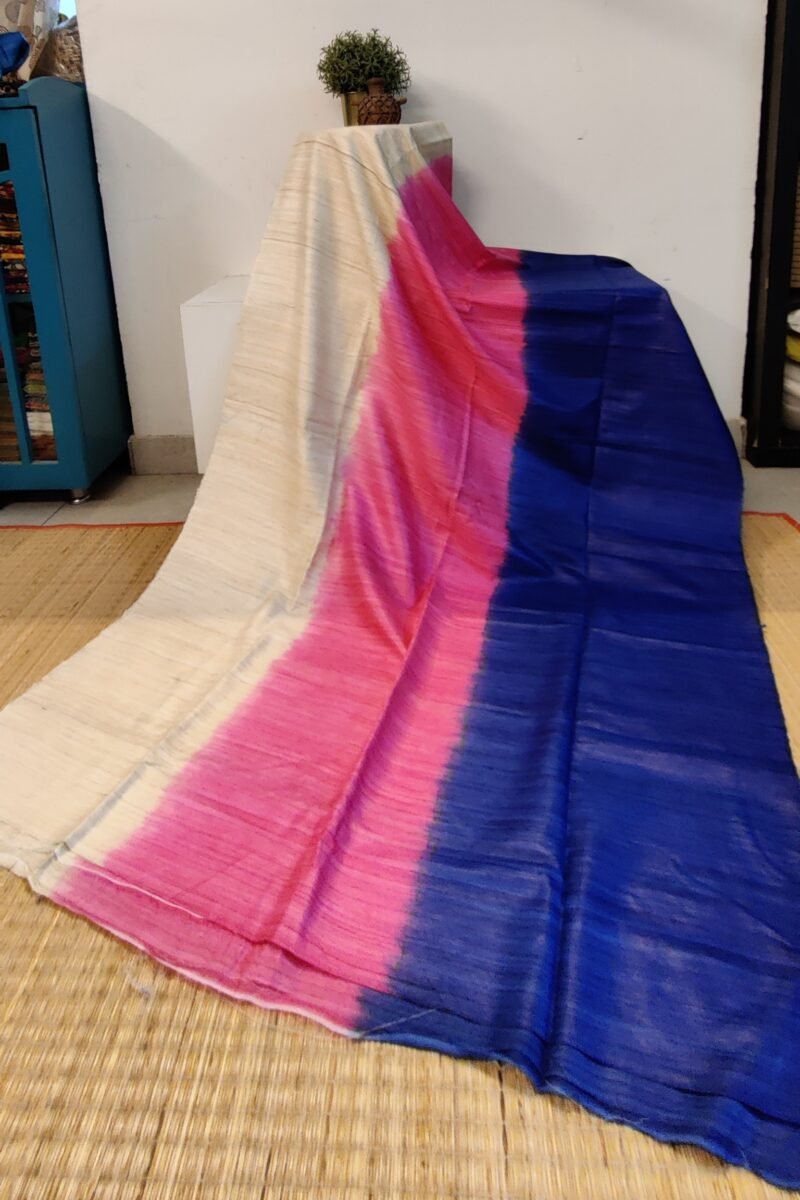 Tussar Tales - Ink Blue, Candy Pink and Cream - Tussar Plain Saree - Image 7