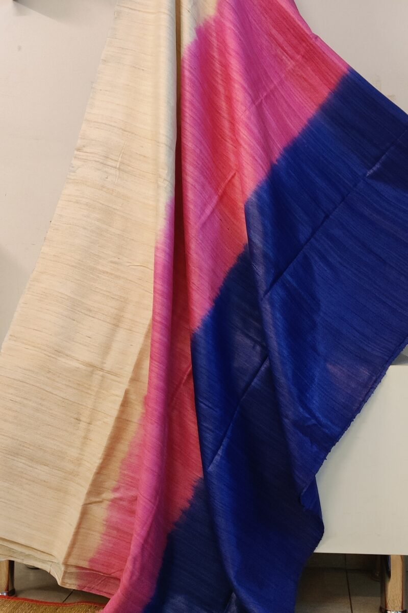 Tussar Tales - Ink Blue, Candy Pink and Cream - Tussar Plain Saree - Image 8