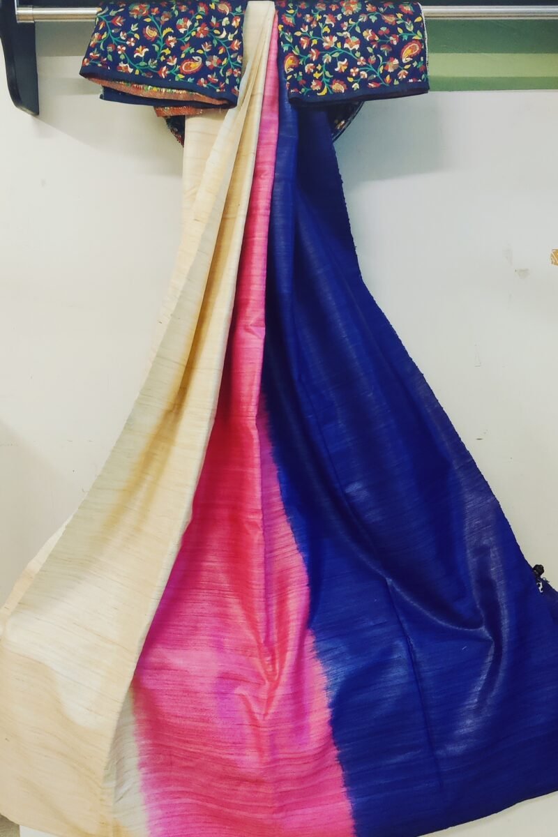 Tussar Tales - Ink Blue, Candy Pink and Cream - Tussar Plain Saree - Image 9