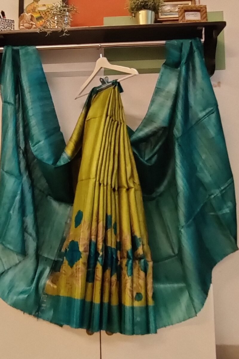 Tussar Tales - Light Green and Blue - Tussar Handblock Printed Saree