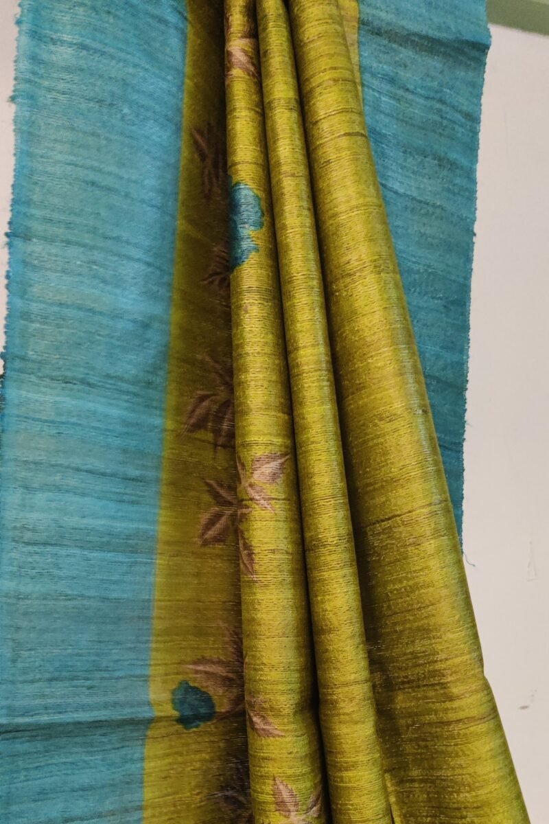 Tussar Tales - Light Green and Blue - Tussar Handblock Printed Saree - Image 2