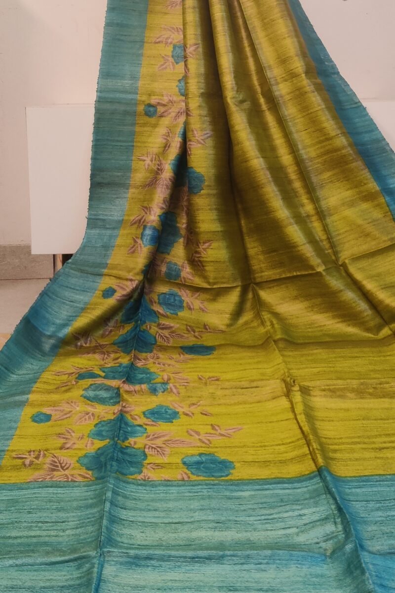 Tussar Tales - Light Green and Blue - Tussar Handblock Printed Saree - Image 3