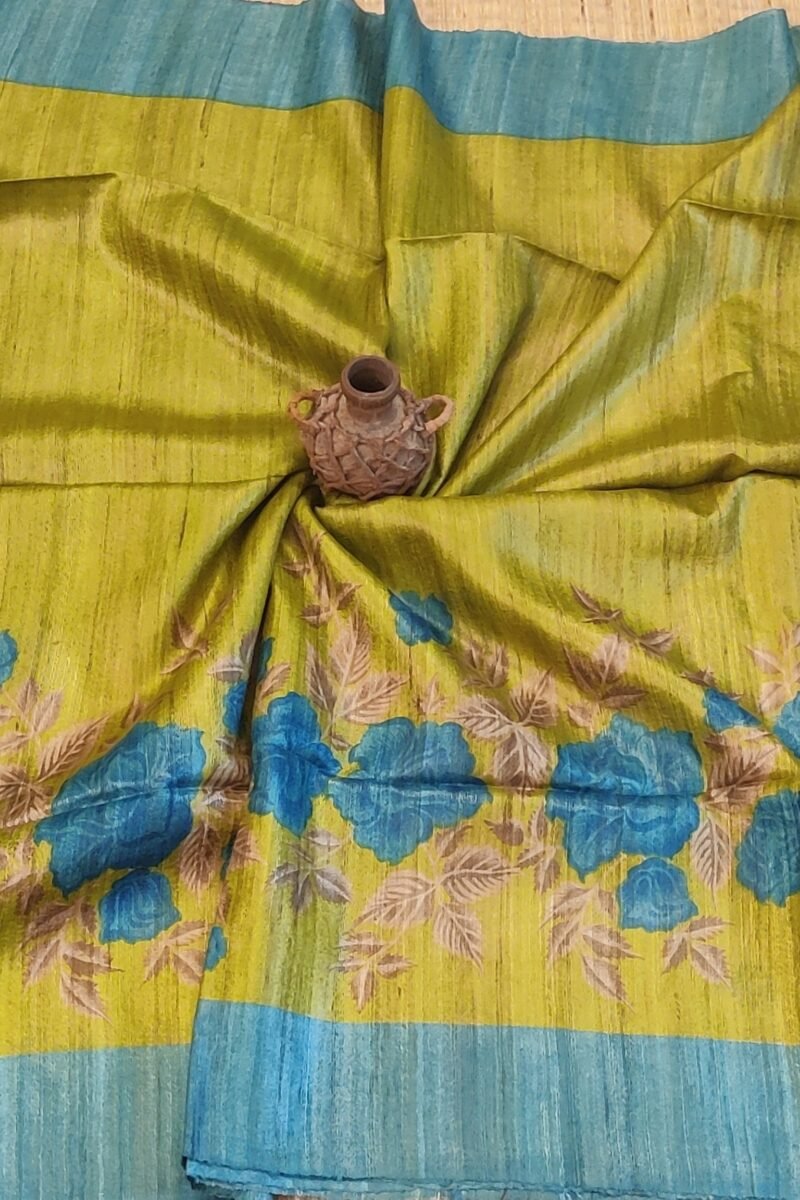 Tussar Tales - Light Green and Blue - Tussar Handblock Printed Saree - Image 4
