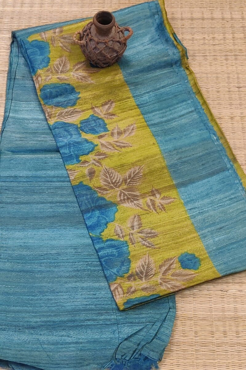 Tussar Tales - Light Green and Blue - Tussar Handblock Printed Saree - Image 5