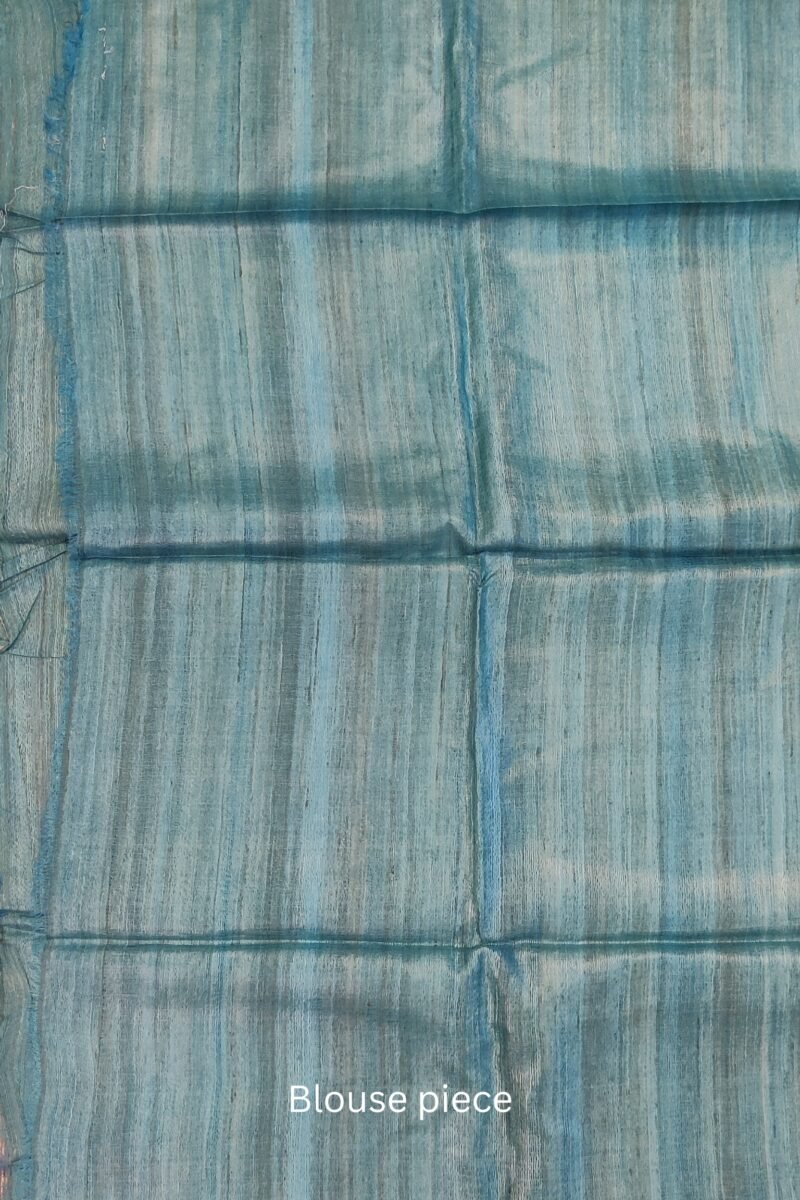 Tussar Tales - Light Green and Blue - Tussar Handblock Printed Saree - Image 6