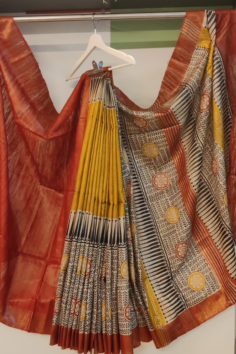 Tussar Tales - Yellow and Red - Tussar Handblock Printed Saree