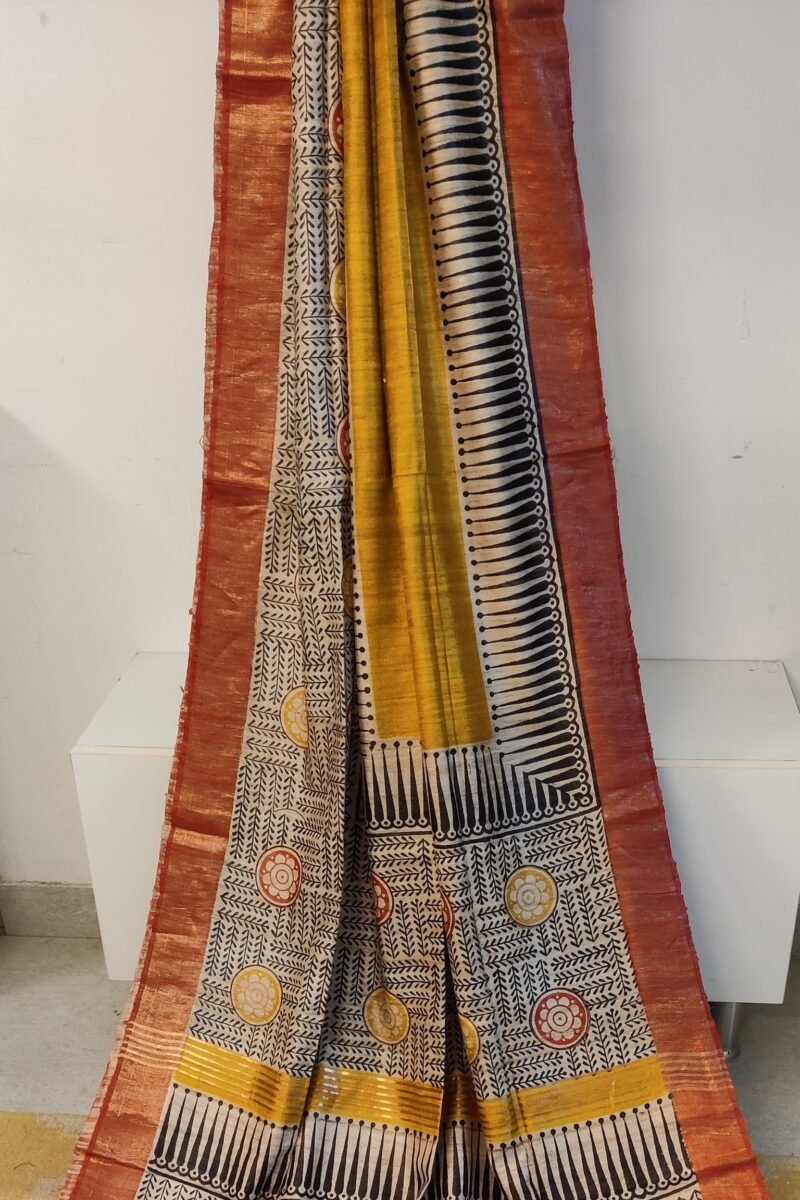 Tussar Tales - Yellow and Red - Tussar Handblock Printed Saree - Image 3
