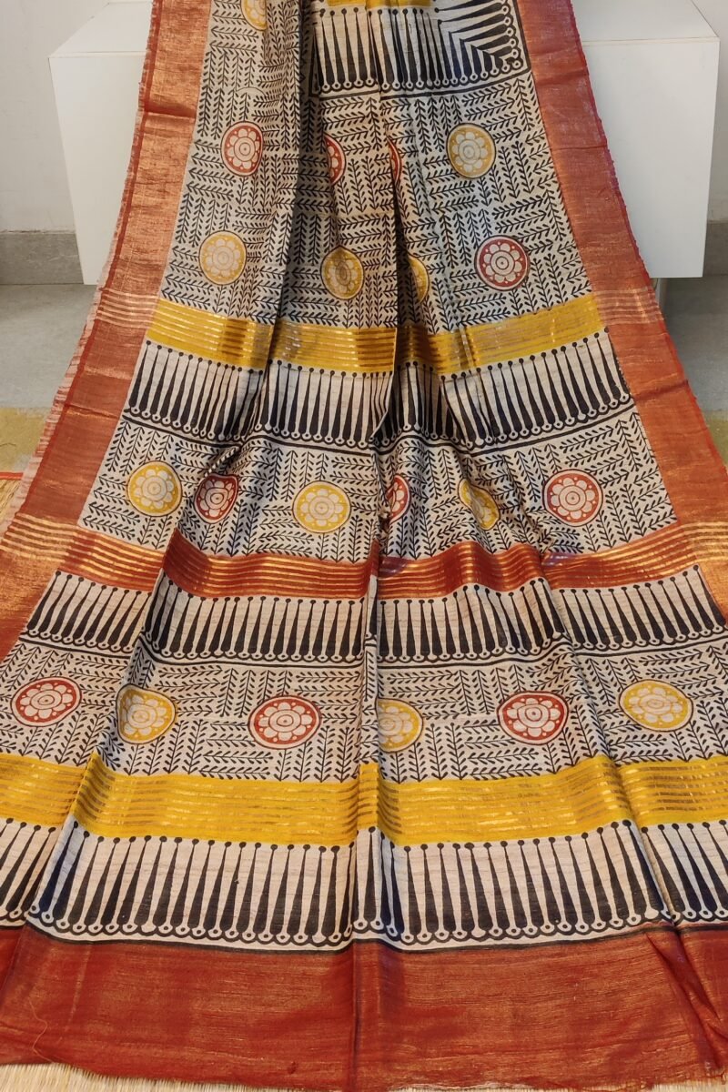 Tussar Tales - Yellow and Red - Tussar Handblock Printed Saree - Image 4