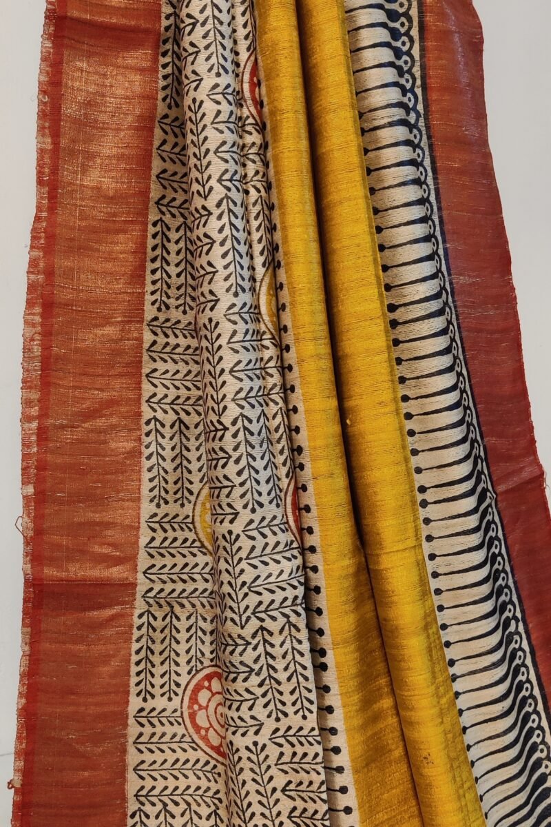 Tussar Tales - Yellow and Red - Tussar Handblock Printed Saree - Image 5