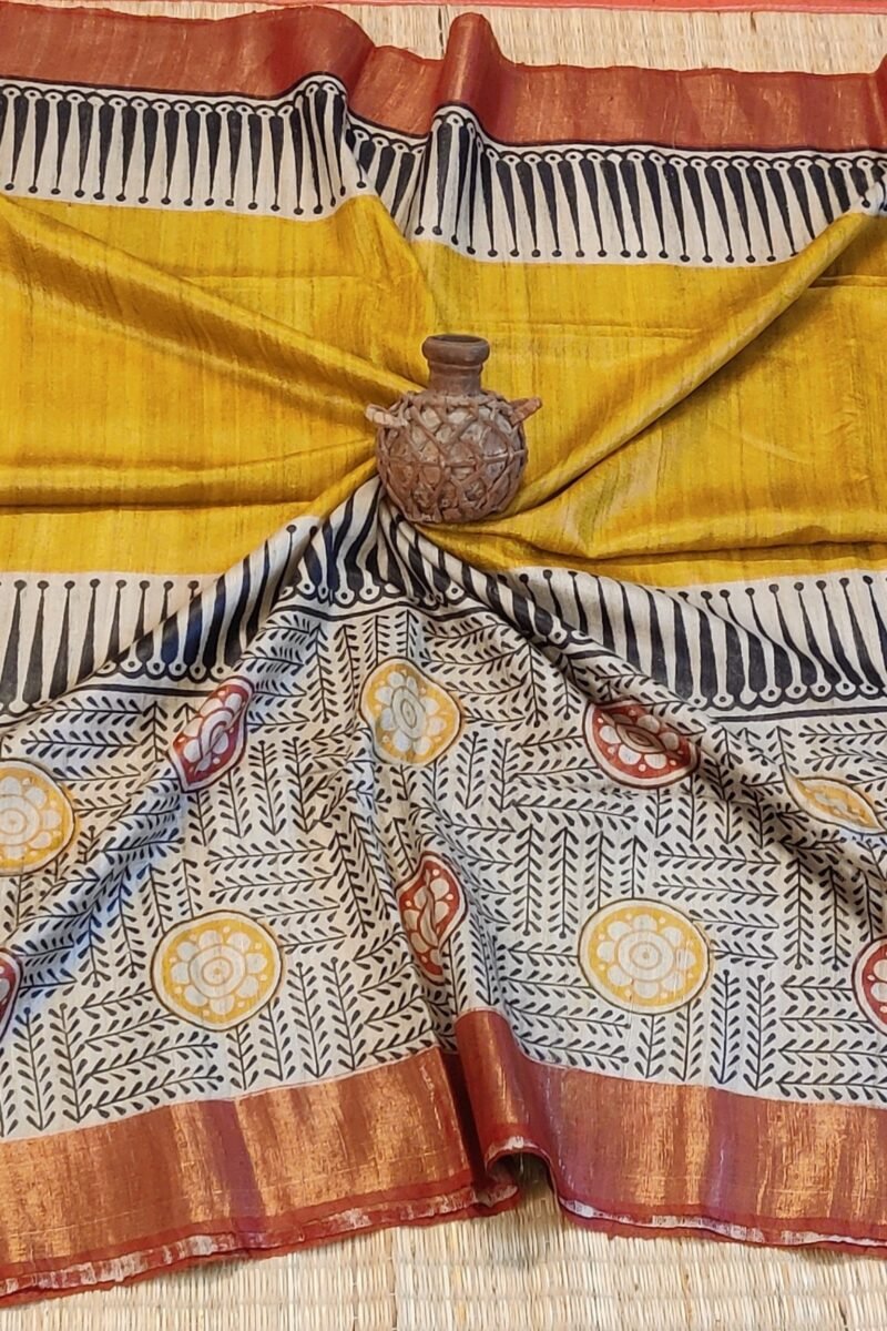 Tussar Tales - Yellow and Red - Tussar Handblock Printed Saree - Image 6