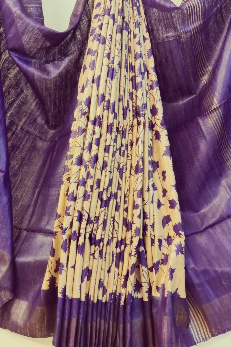 Tussar Tales - Cream and Purple - Tussar Handblock Printed Saree - Image 2