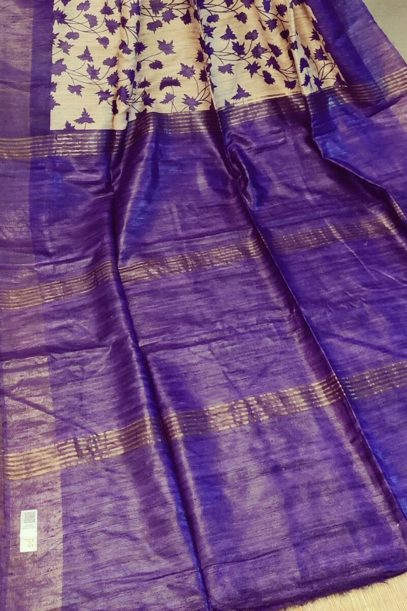 Tussar Tales - Cream and Purple - Tussar Handblock Printed Saree - Image 4