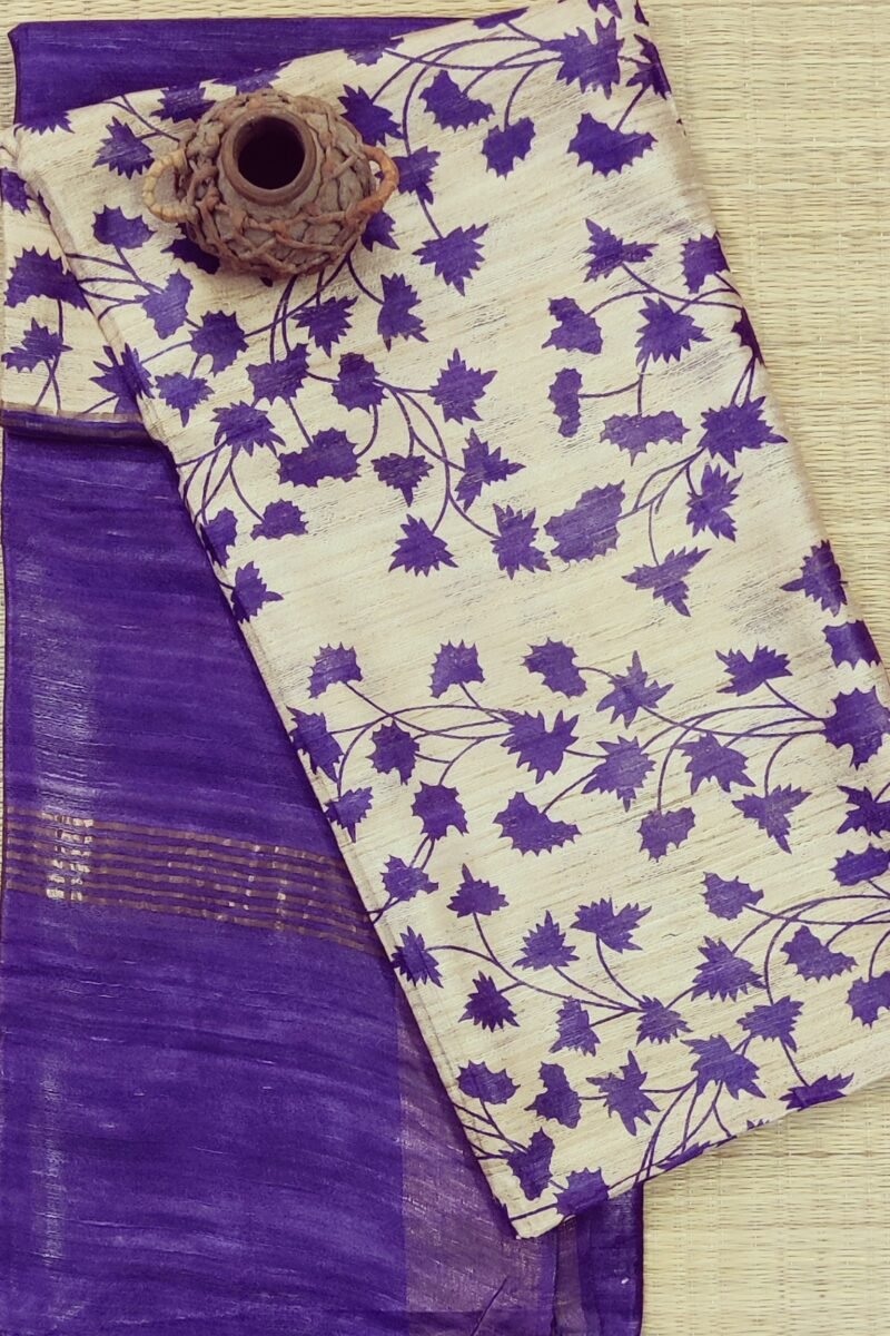 Tussar Tales - Cream and Purple - Tussar Handblock Printed Saree - Image 6