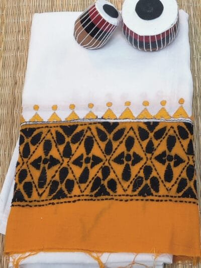 White Cotton Blouse with Orange Attached Border and Black Orange Hand Embroidery