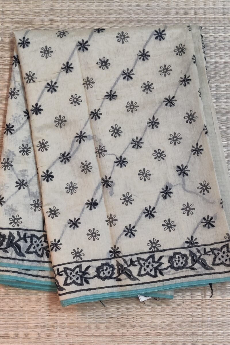 Chanderi Charisma - Cream and Black Hand Embroidery Chanderi Saree - Image 2