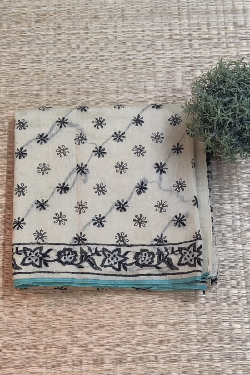 Chanderi Charisma - Cream and Black Hand Embroidery Chanderi Saree - Image 3