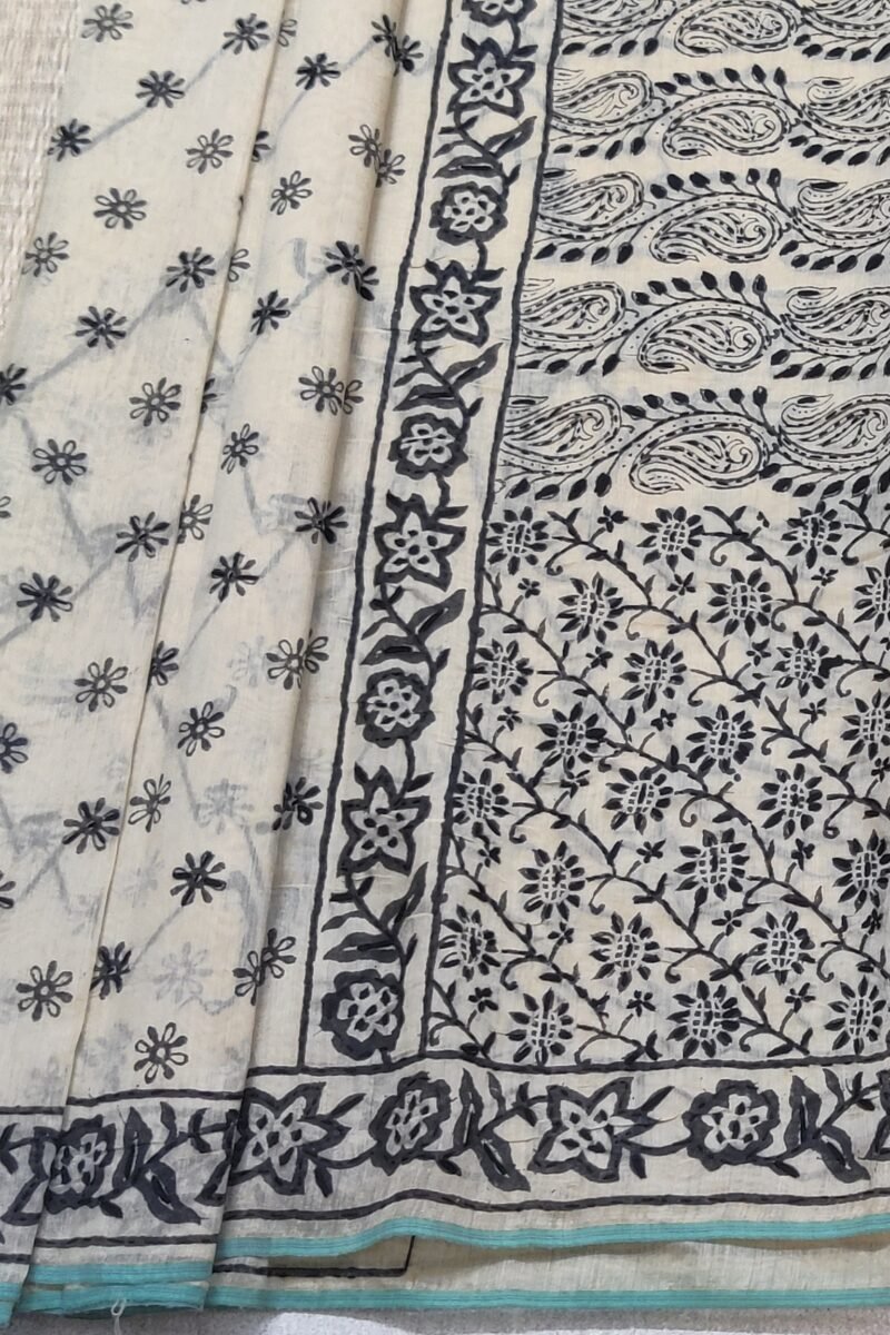 Chanderi Charisma - Cream and Black Hand Embroidery Chanderi Saree - Image 4
